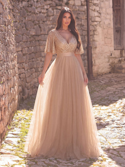 Additional product view of Surplice-Neck V-Neck Mesh Sequin A-Line Evening Gown
