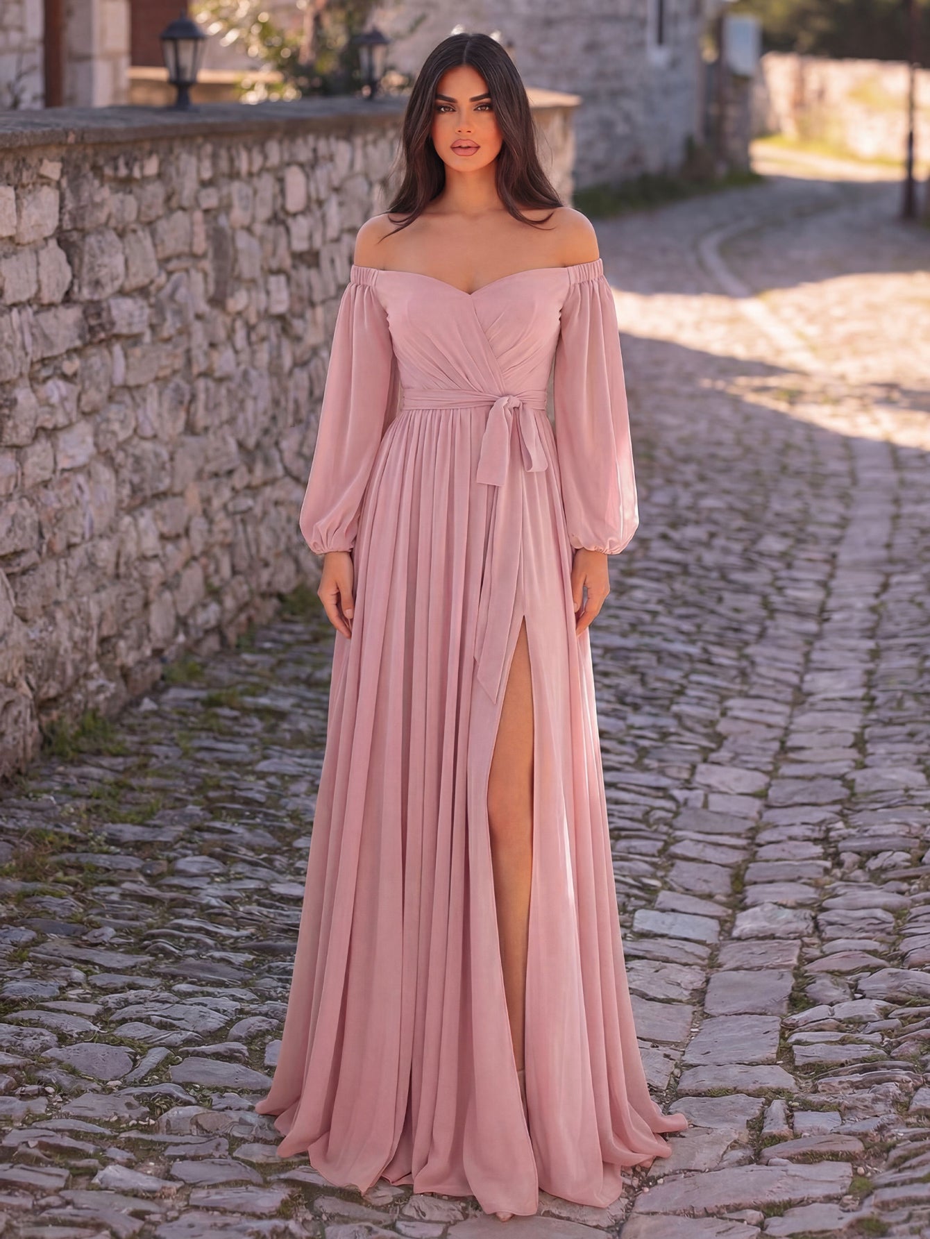 Additional product view of High-Slit Belted Off-Shoulder Chiffon A-Line Maxi Formal Dress