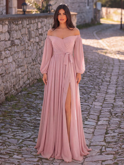 Additional product view of High-Slit Belted Off-Shoulder Chiffon A-Line Maxi Formal Dress