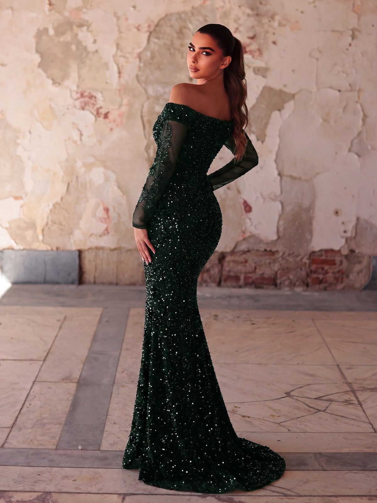 Gorgeous Off Shoulder Mermaid Hem Sequin Evening Dress