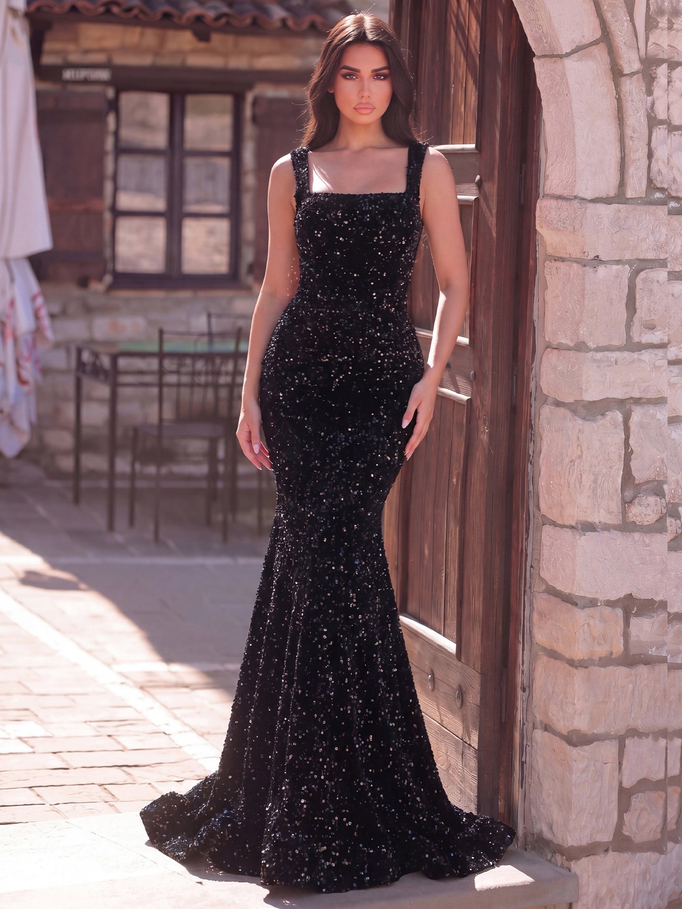 Square Neck Sleeveless Sequin Mermaid Dresses