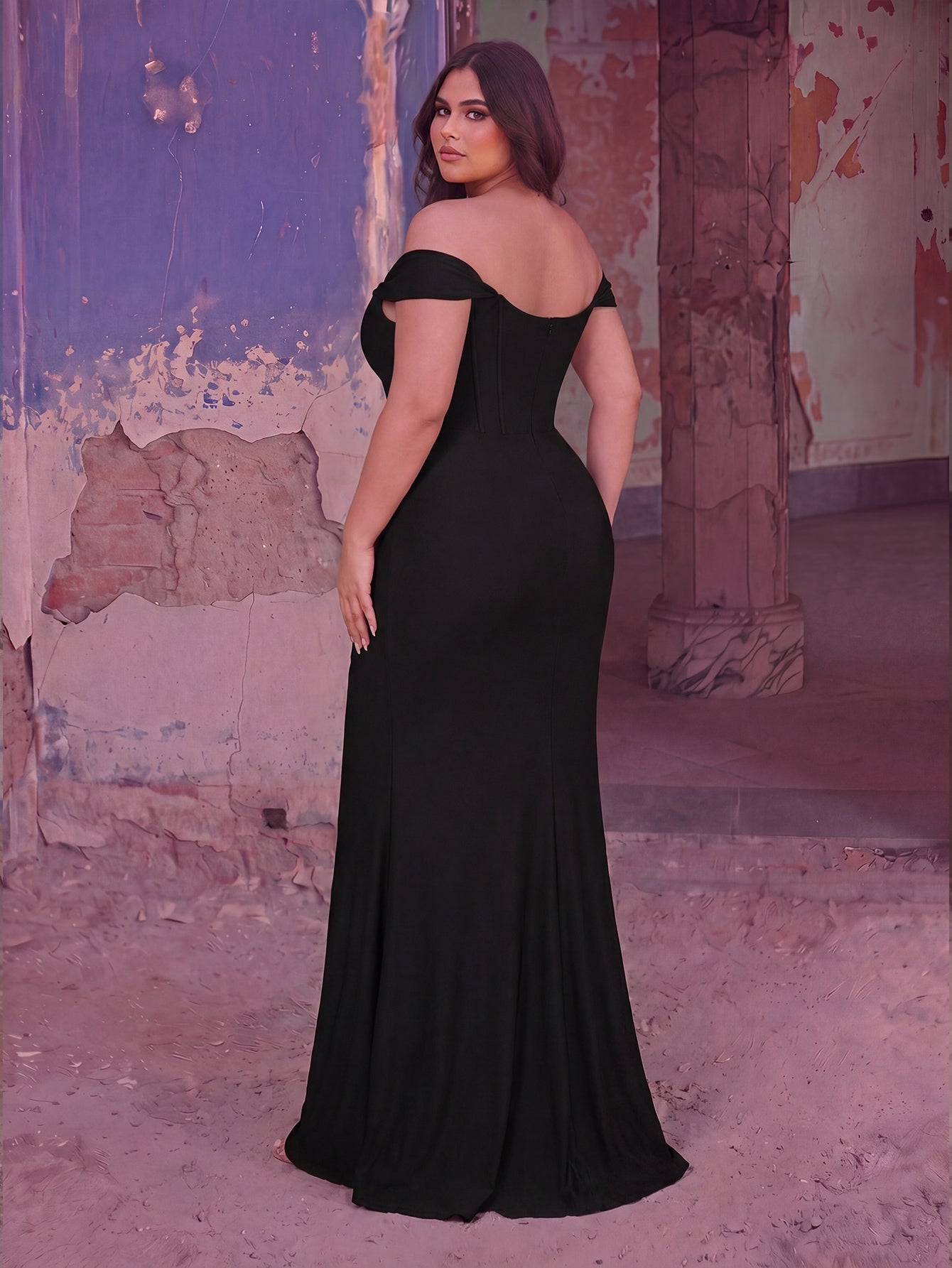 Additional product view of Ruched Wrap Plus-Size Off-Shoulder Knit High-Slit Mermaid Evening Gown