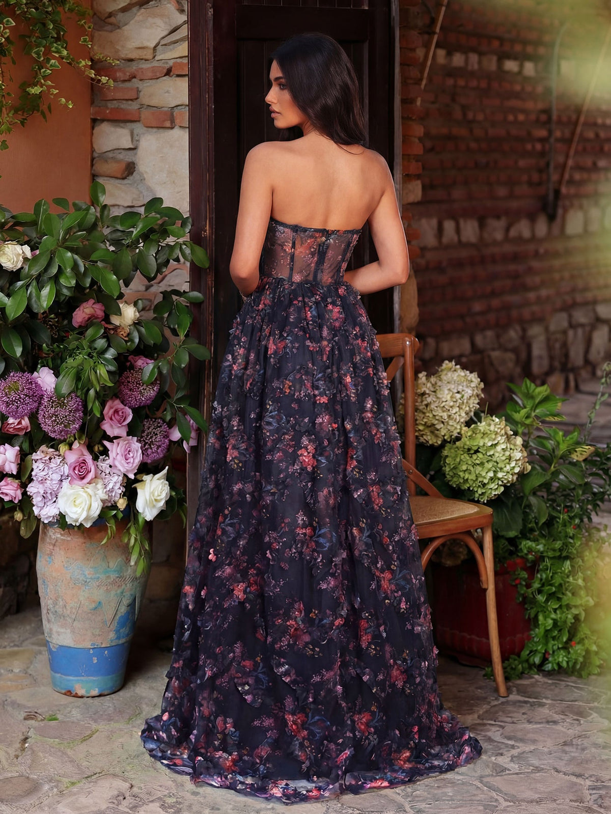 Ruched Bustier Ruffle Trim Hem Floral Printed Tube Dress