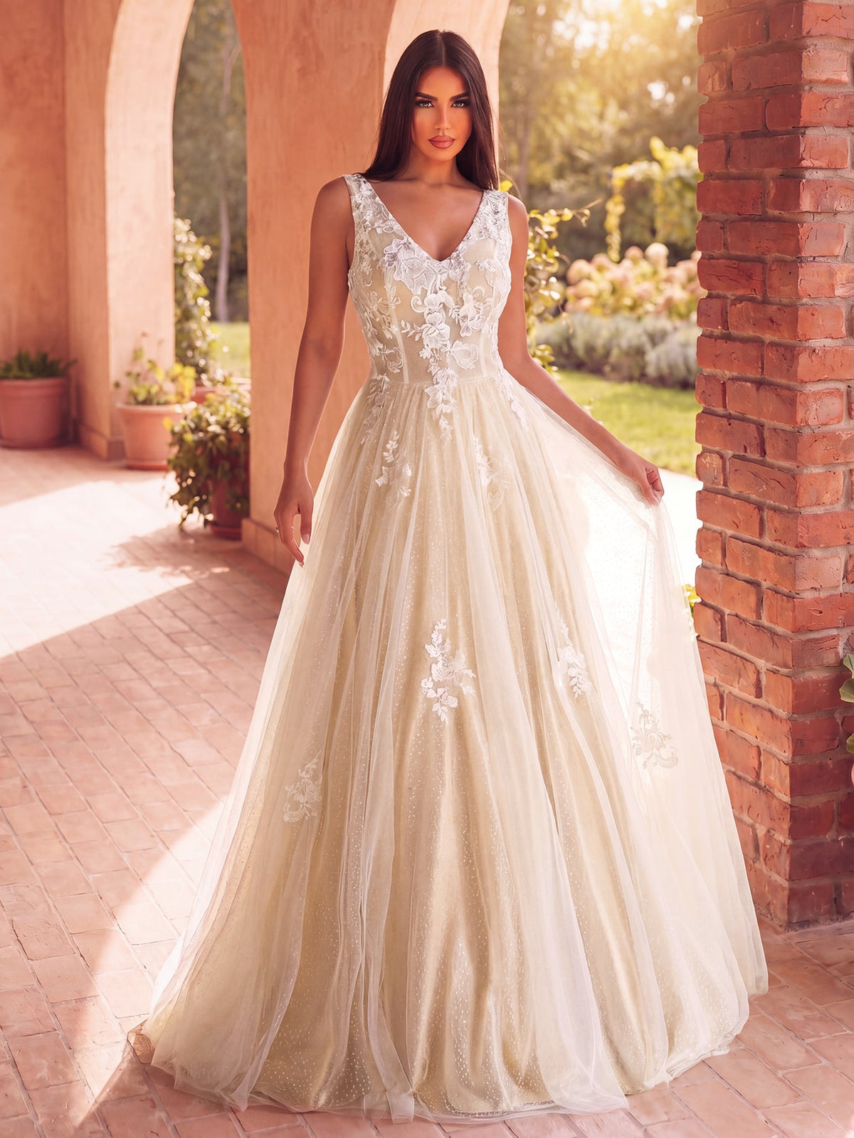 Plunging Lace Sleeveless A-Line Wedding Gown — authorized view 1