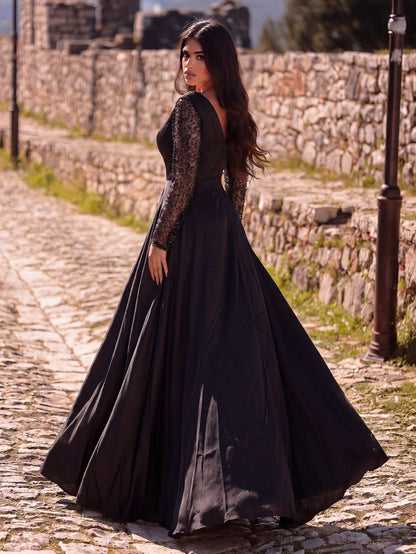 Sequin Evening Gown with Sheer Long Sleeves, Deep V-Neck & Back V-Cut | Elegant High Slit Formal Dress for Special Occasions