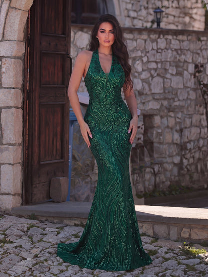 Halter Neck Backless Sequin Mermaid Dresses