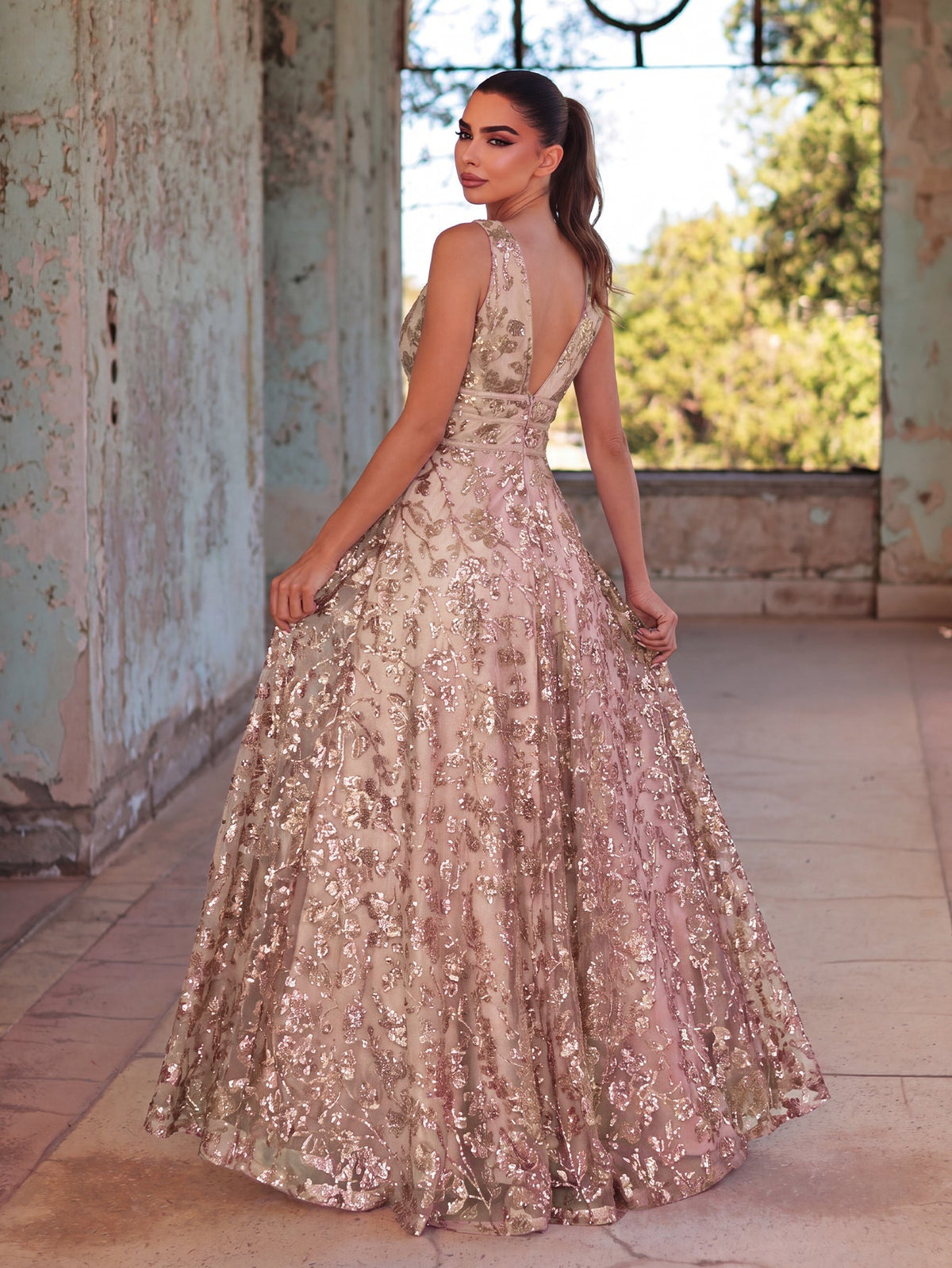Plunging Neck Sleeveless Embroidered Sequin Dresses