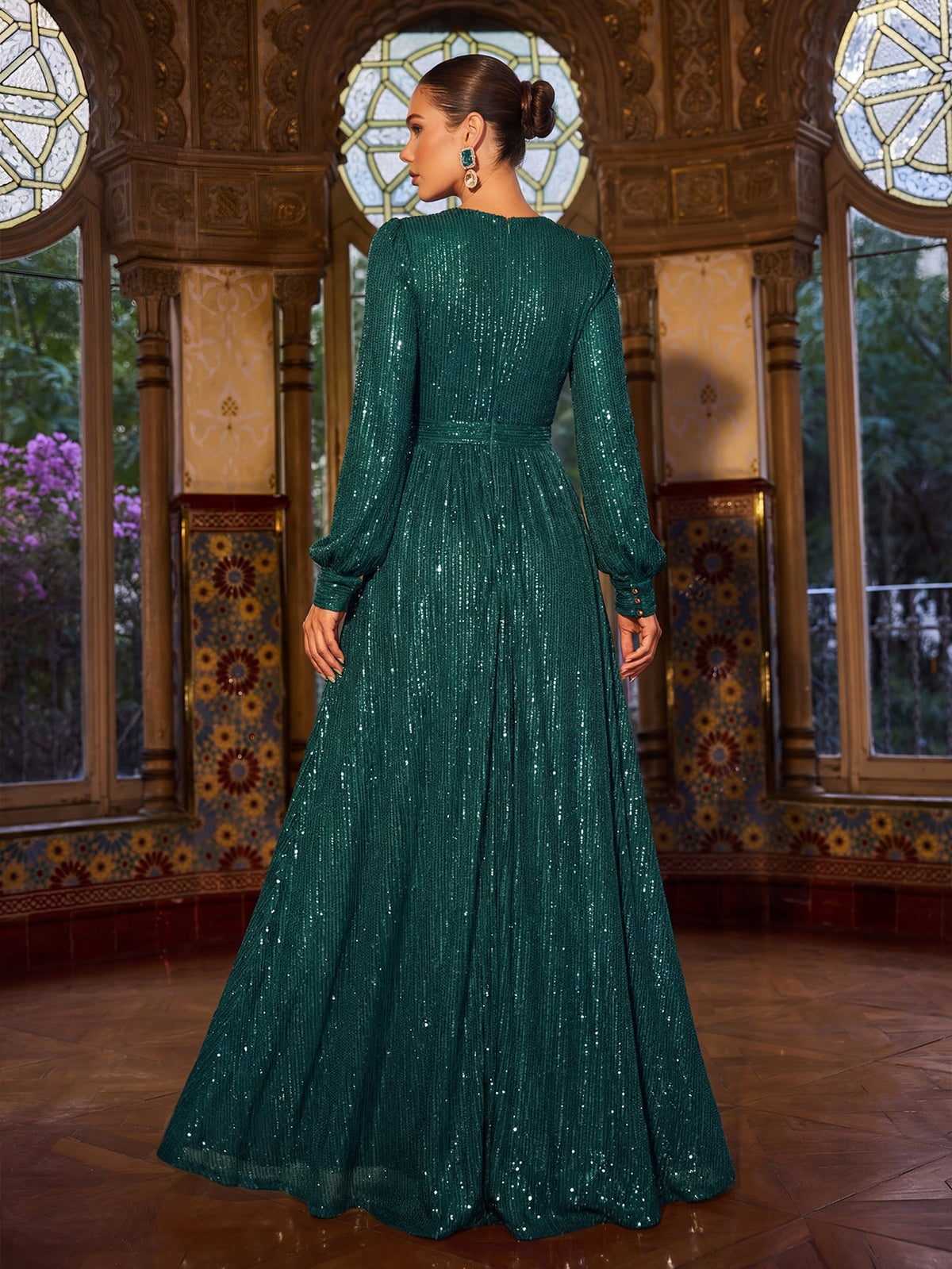 Elegant V Neck Long Sleeves Sequin A Line Dresses