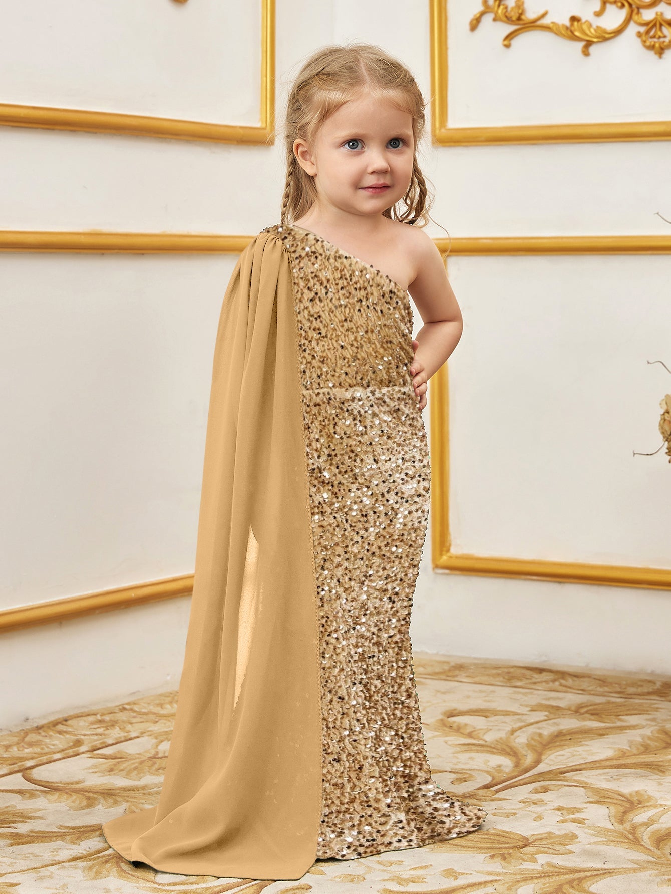 Additional product view of Draped Side One-Shoulder Sequin Mermaid Sleeveless Young Girls' Party Dress
