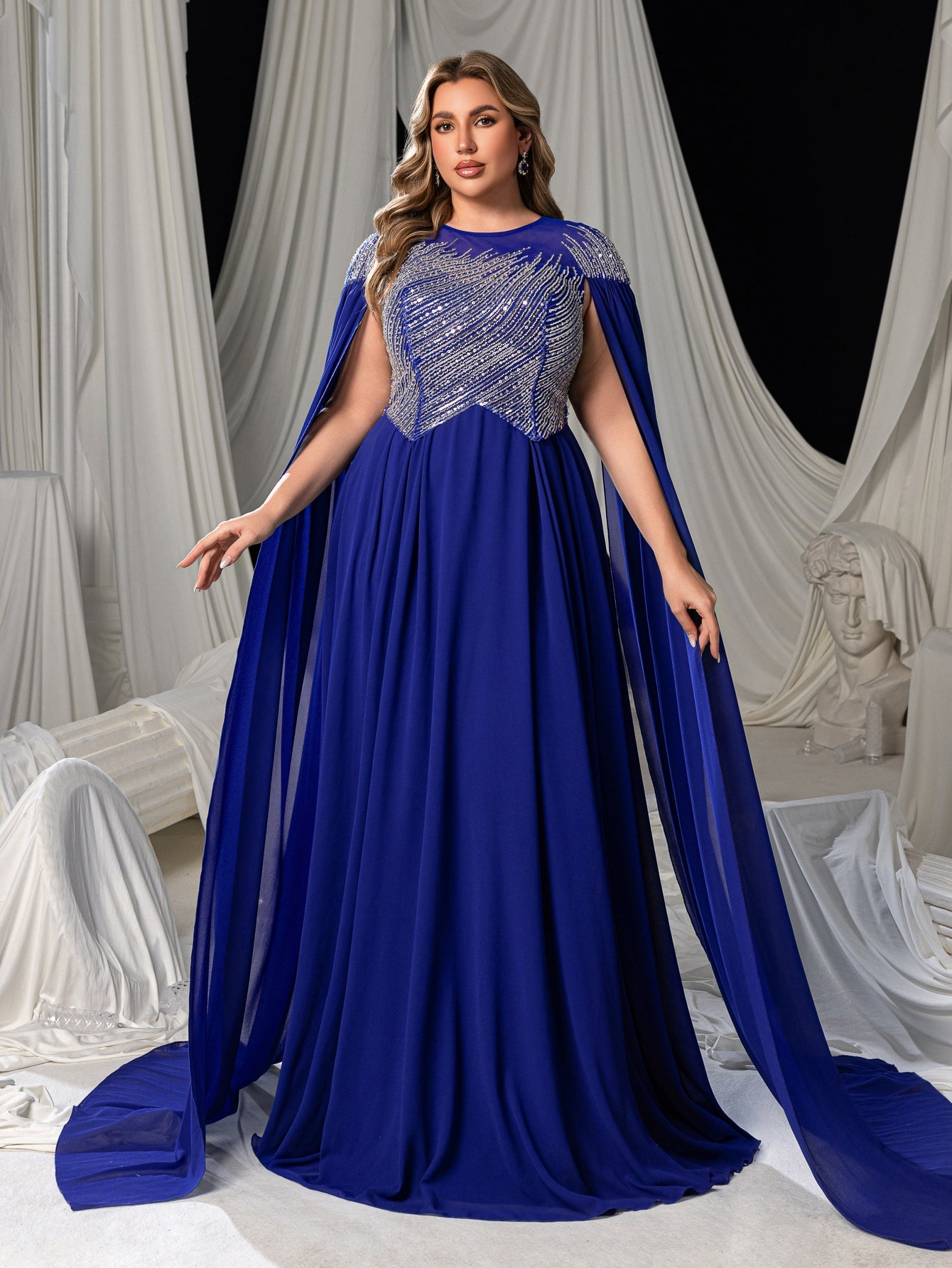 Plus Elegant Chiffon Evening Gown with Beaded Sequin Embellished Bodice, Cape-Style Sleeves & Flowy Floor-Length Skirt, Back Beaded Detail