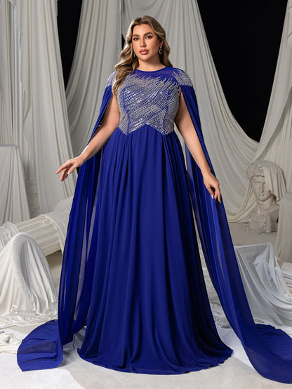 Plus-Size Round Neck Sequin Cape A-Line Evening Gown