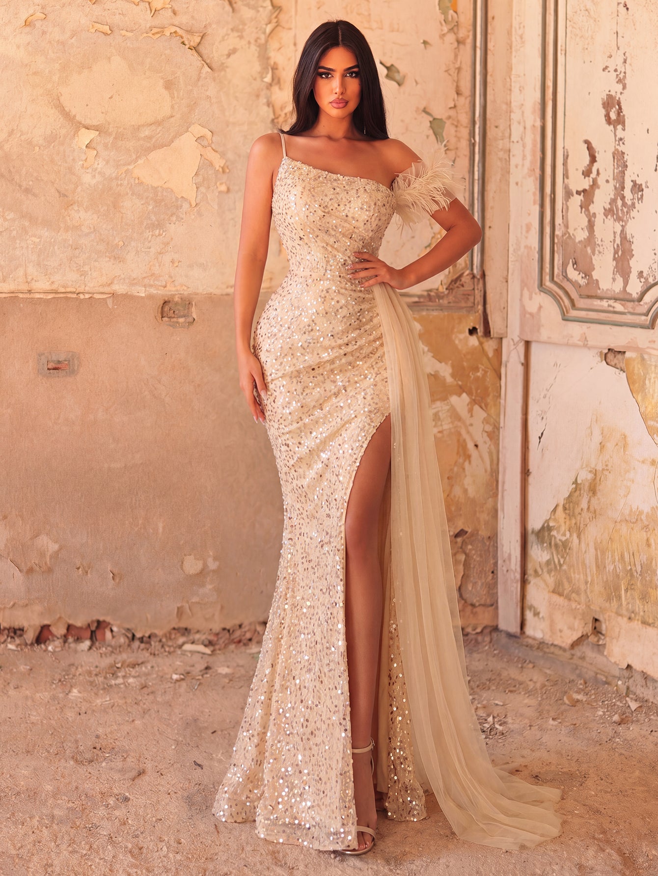 One-Shoulder Sequin Beaded Sleeveless Mermaid Evening Gown — authorized product image 3