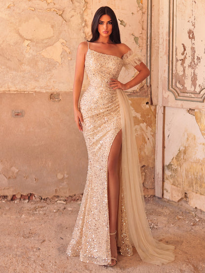 One-Shoulder Sequin Beaded Sleeveless Mermaid Evening Gown — authorized product image 3