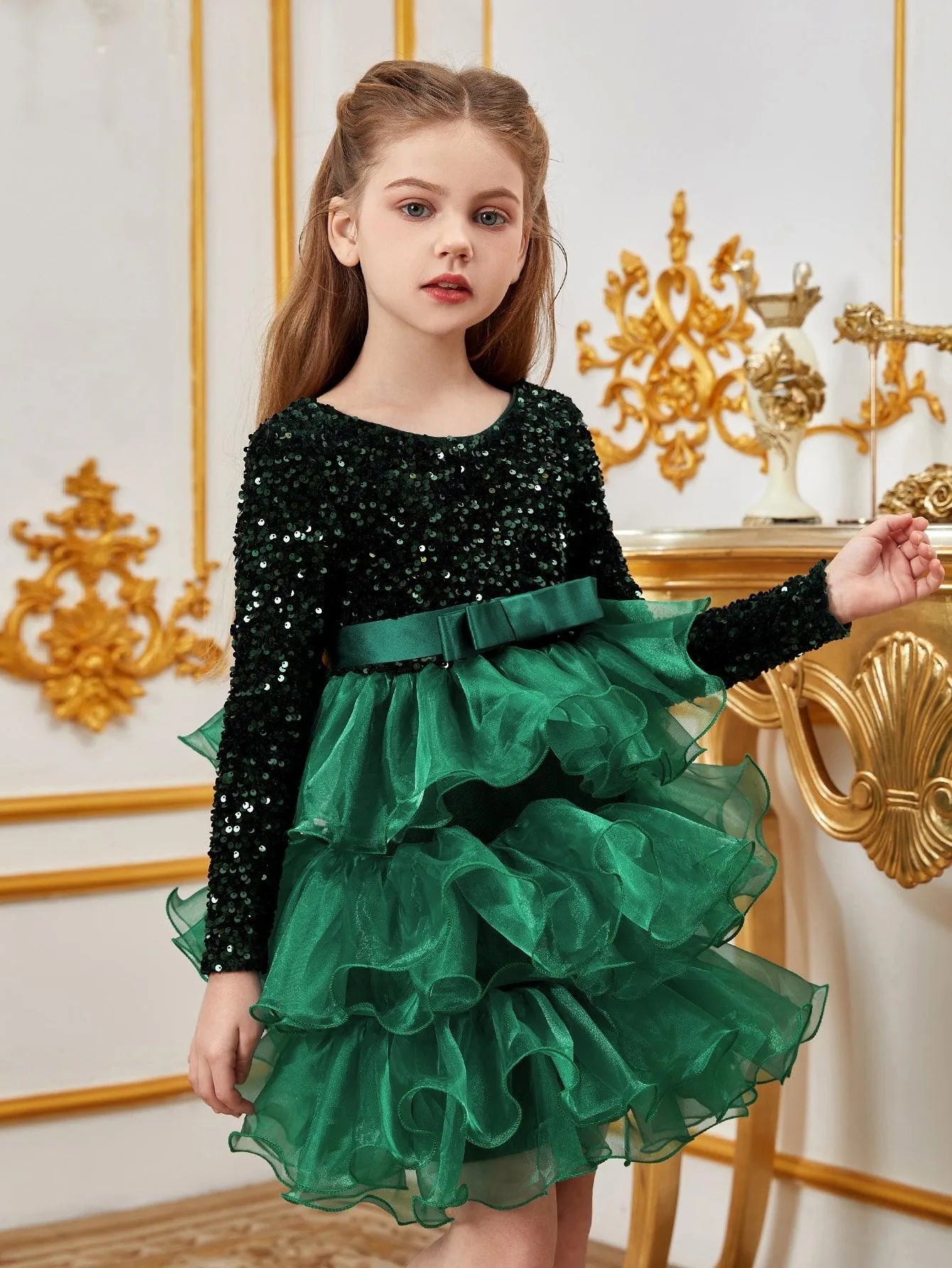 Additional product view of Sequin A-Line Long-Sleeve Midi Tween Girls' Party Dress