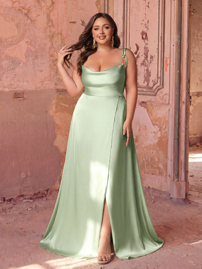 Plus-Size Spaghetti Strap Satin Sleeveless A-Line Evening Gown