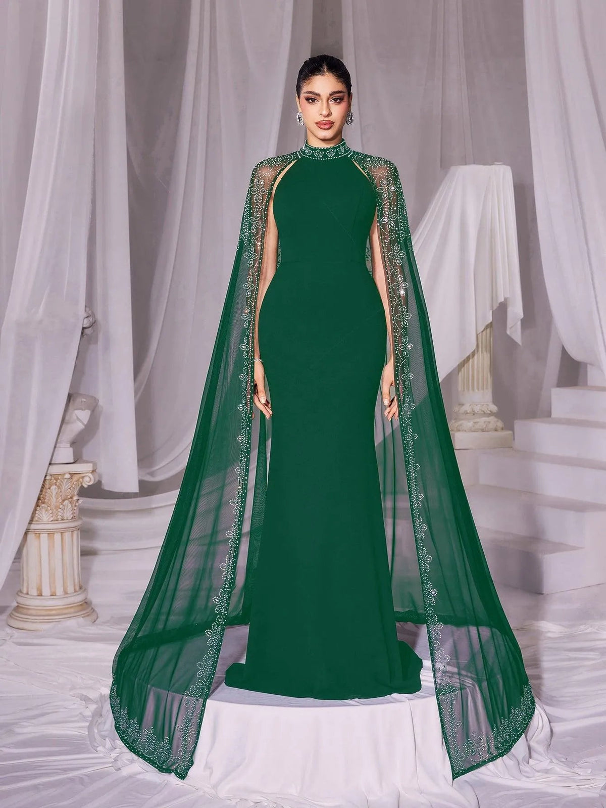 Additional view of Rhinestone Detail Mock Neck Mermaid Hem Formal Cape Evening Dress