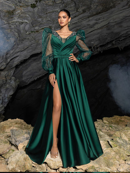 V-Neck Satin Puff-Sleeve A-Line Evening Gown — authorized product image 5