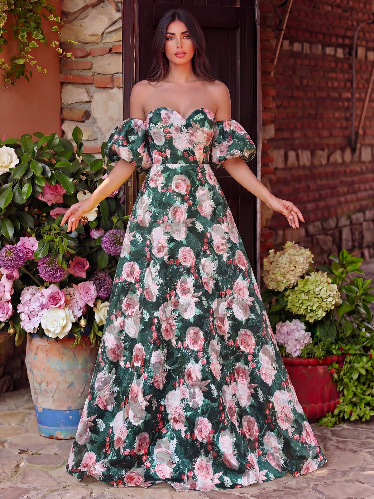 Floral Jacquard Off-Shoulder Puff Sleeve Prom Dress — authorized product image 4