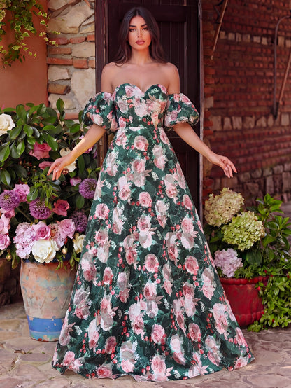 Floral Jacquard Off-Shoulder Puff Sleeve Prom Dress — authorized product image 4