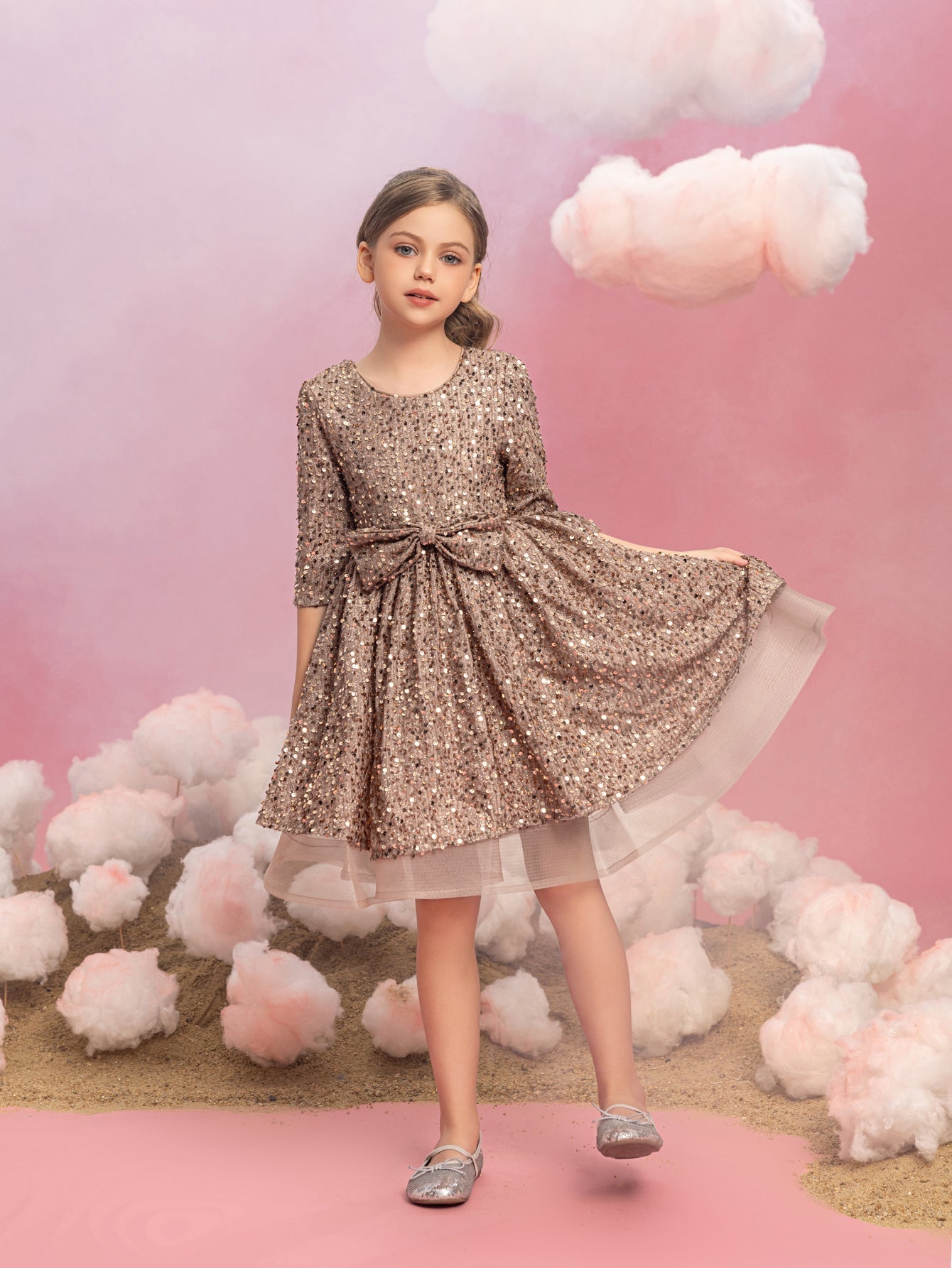 Additional product view of Three-Quarter-Sleeve Bow Detail Sequin A-Line Midi Tween Girls' Party Dress
