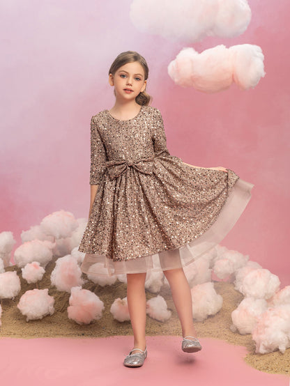 Additional product view of Three-Quarter-Sleeve Bow Detail Sequin A-Line Midi Tween Girls' Party Dress