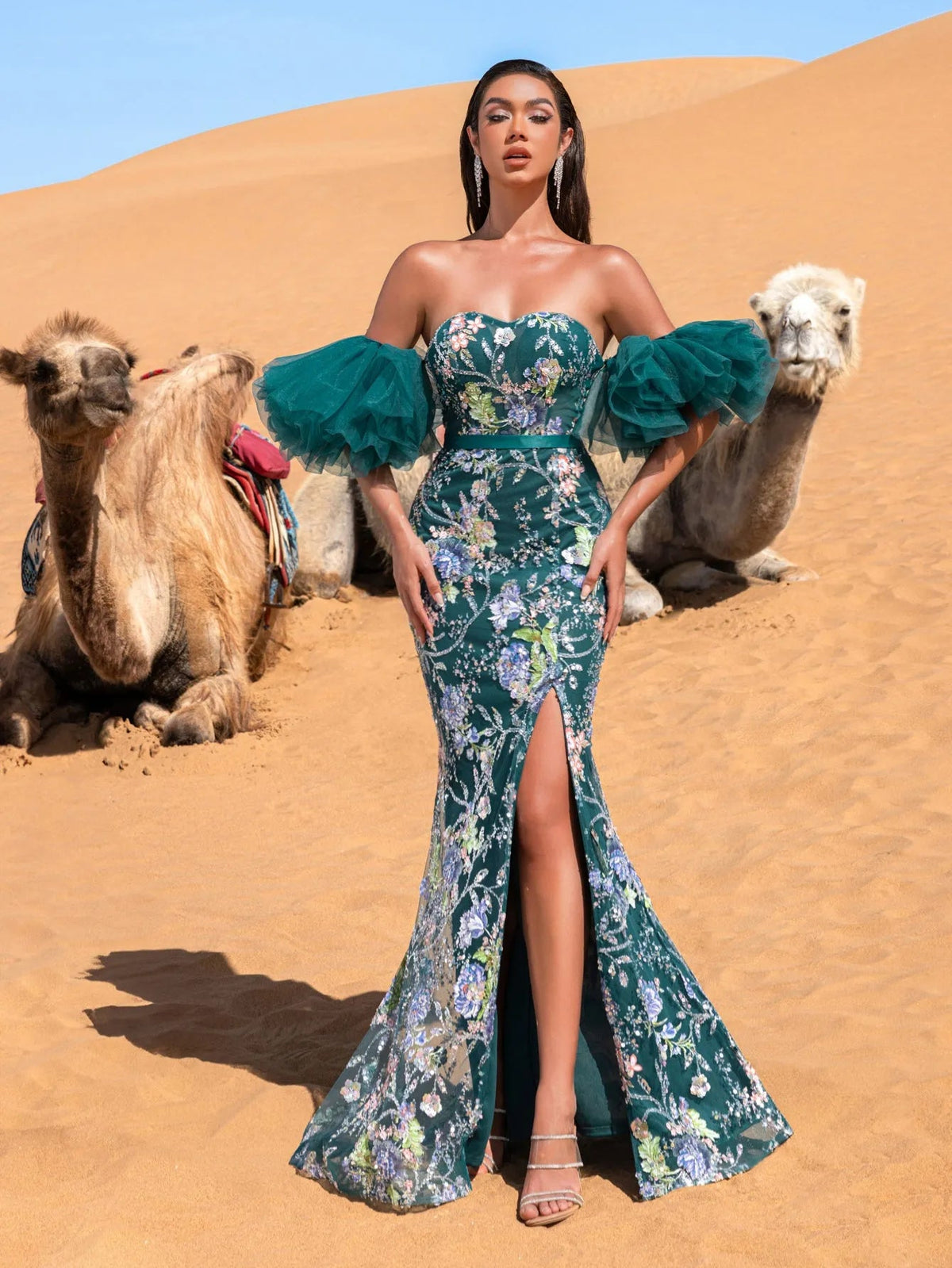 Luxury Strapless Ruffle Sleeve Mermaid Hem Floral Beaded Seuqin Evening Dress — authorized product image 4