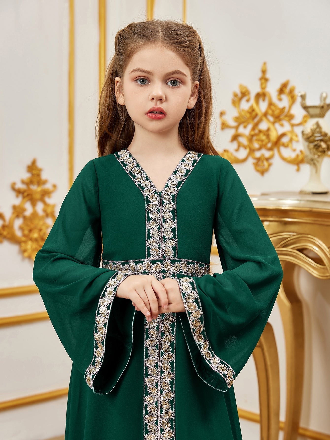 Tween Girls' Lace Trim Decoration V-neck Flare Sleeve Chiffon Party Dress — authorized product image 11