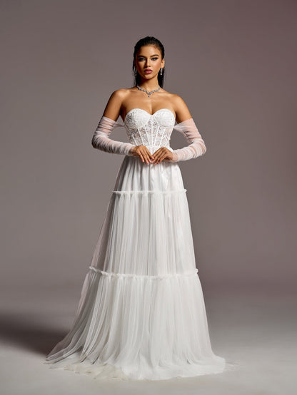Elegant Lace Corset Bodice Sheer Sleeves A-line Tulle Wedding Dress – view 6