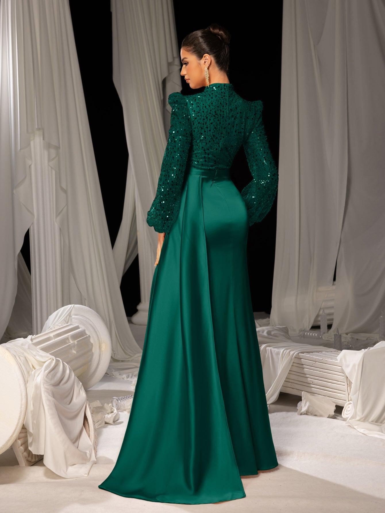 Elegant Satin Evening Gown with High Slit & Crystal-Embellished Sleeves – Luxurious Backdrop for High-End Wedding Receptions or Charity Galas, XS-XL