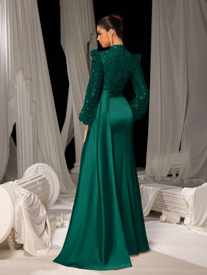 Elegant Satin Evening Gown with High Slit & Crystal-Embellished Sleeves – Luxurious Backdrop for High-End Wedding Receptions or Charity Galas, XS-XL