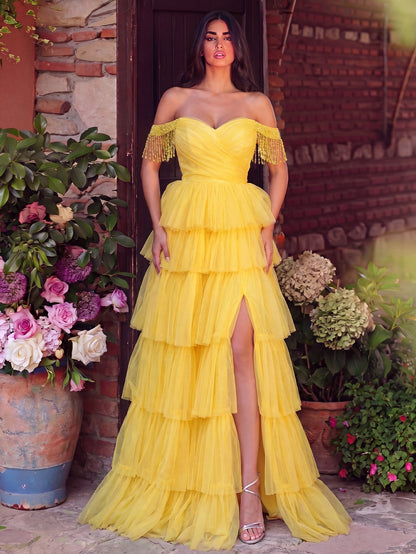 Fringed Detail Off-Shoulder Layered Hem Tulle Prom Dress — authorized product image 3