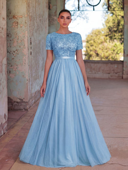 Additional product view of Tulle Skirt Boat-Neck Sequin A-Line Short-Sleeve Evening Gown