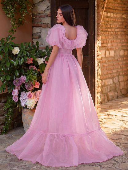 Additional product view of Ruffle Trim Puff-Sleeve Square-Neck Mesh High-Slit Evening Gown