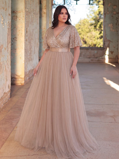 Plus-Size V-Neck Sequin Short-Sleeve A-Line Evening Gown — authorized product image 1