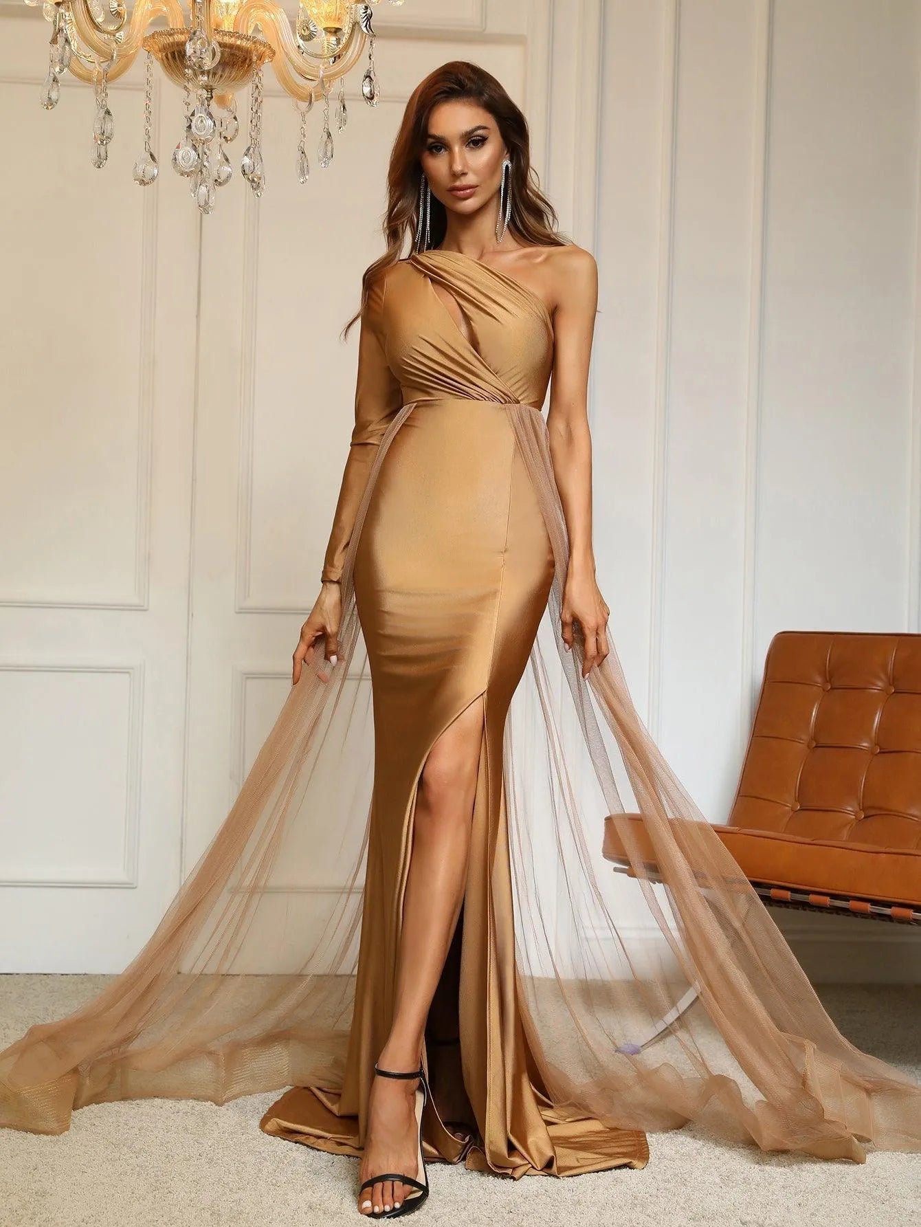 Contrast Mesh One-Shoulder Knit Cutout Mermaid Evening Gown in Brown