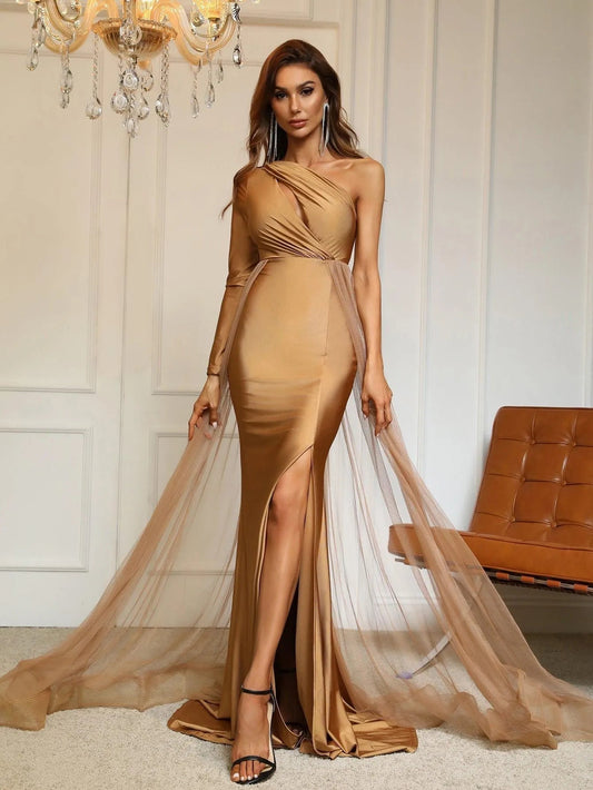 Contrast Mesh One-Shoulder Knit Cutout Mermaid Evening Gown in Brown
