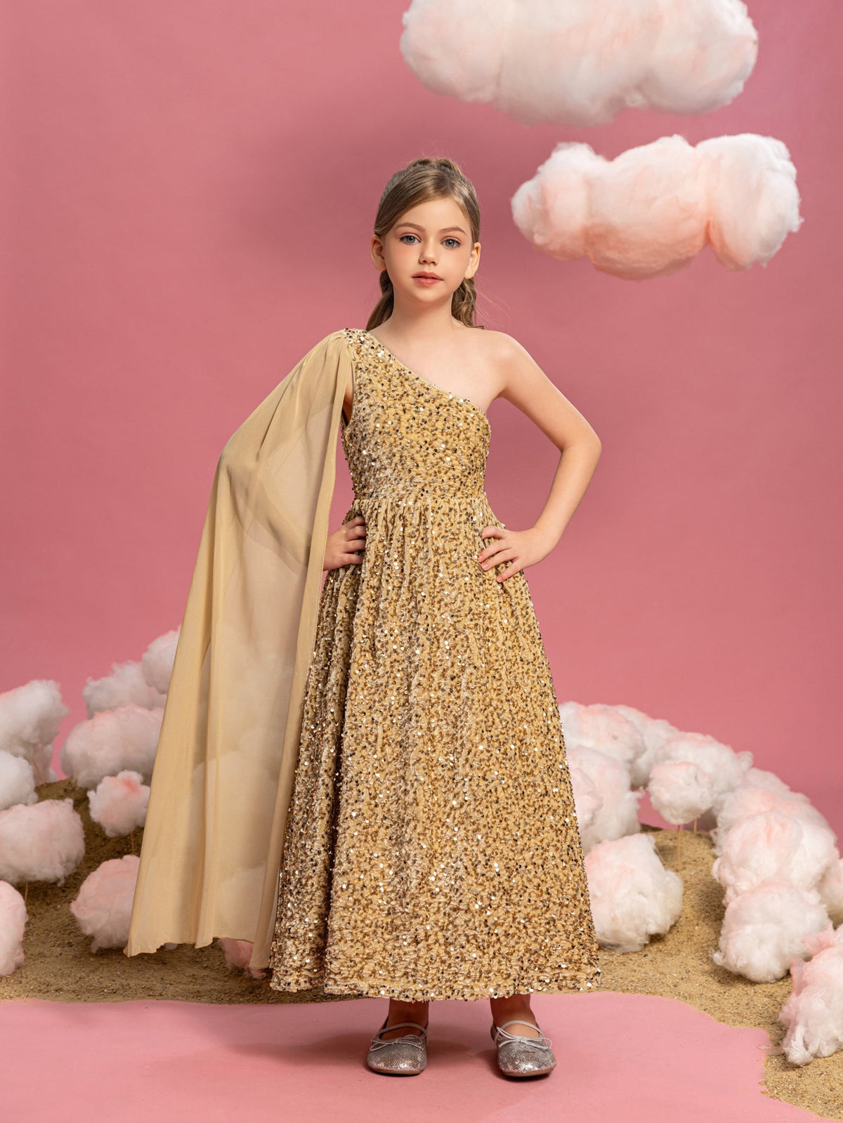 Tween Girls' One-Shoulder Draped Side Sequin A-Line Dress — authorized product image 9