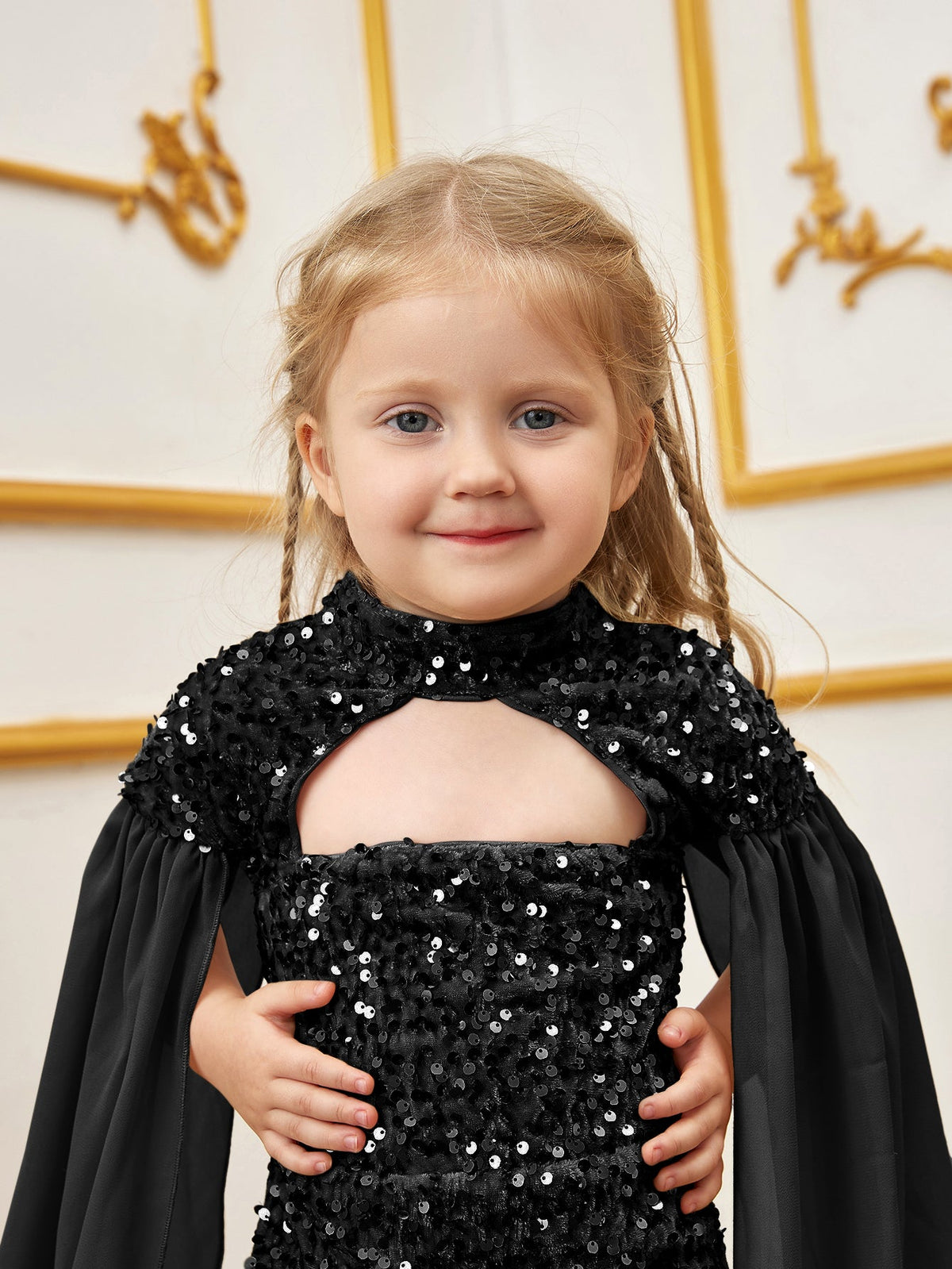 Additional product view of Cape-Sleeve Mock-Neck Sequin Mermaid Maxi Young Girls' Party Dress