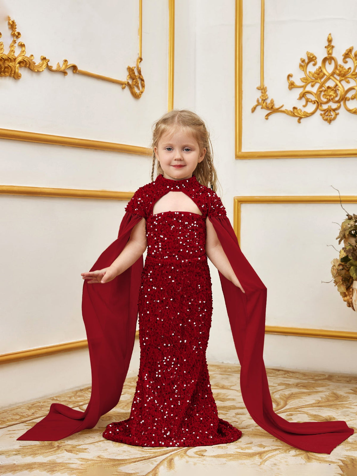 Additional product view of Cape-Sleeve Mock-Neck Sequin Mermaid Maxi Young Girls' Party Dress