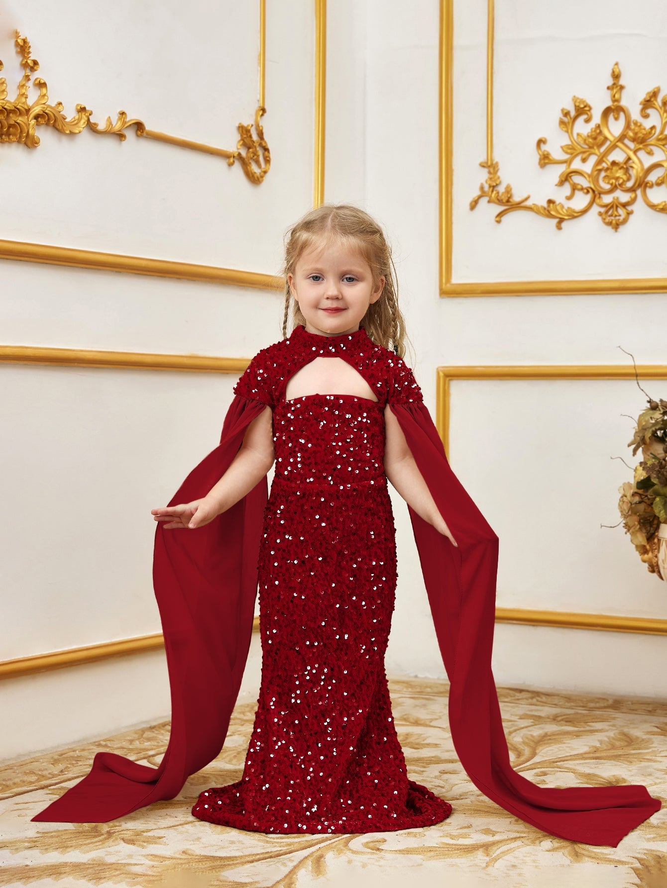 Additional product view of Cape-Sleeve Mock-Neck Sequin Mermaid Maxi Young Girls' Party Dress