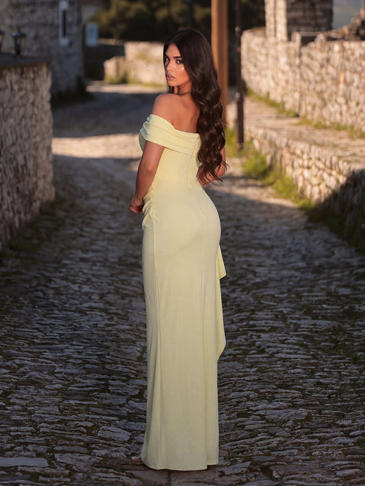 Additional product view of High-Slit Off-Shoulder Knit Bodycon Short-Sleeve Evening Gown