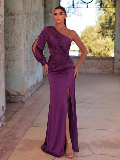 One-Shoulder Twist Front Split Formal Dress