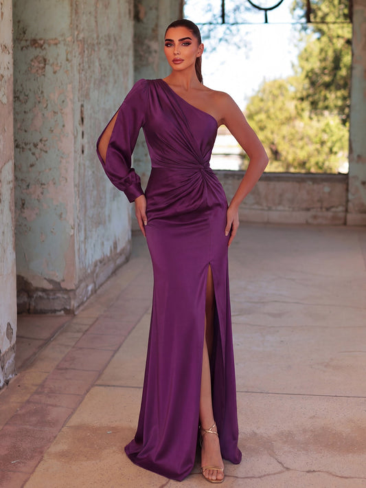 One-Shoulder Twist Front Split Formal Dress