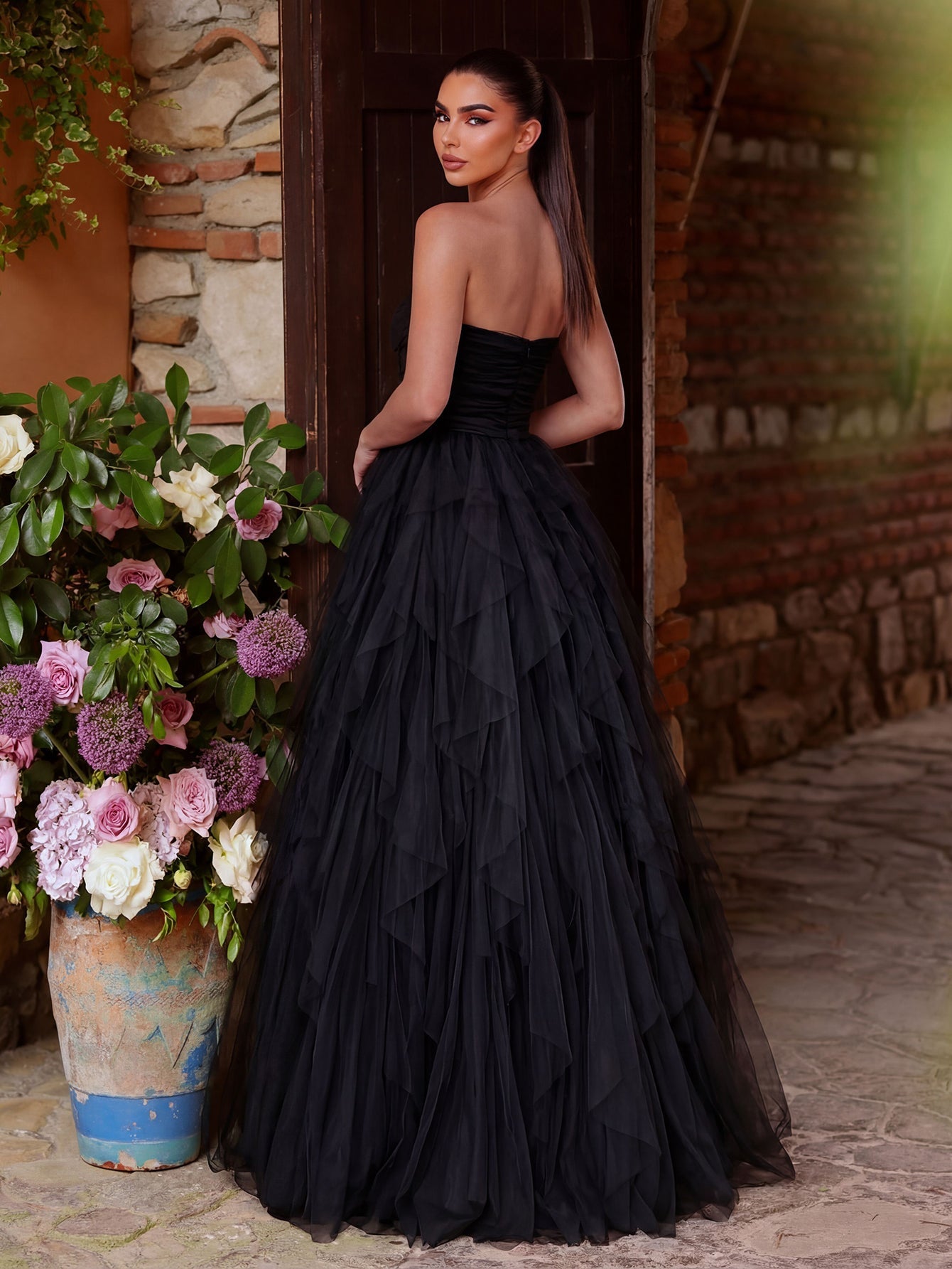 Elegant Strapless Mesh Overlay Formal Party Dress