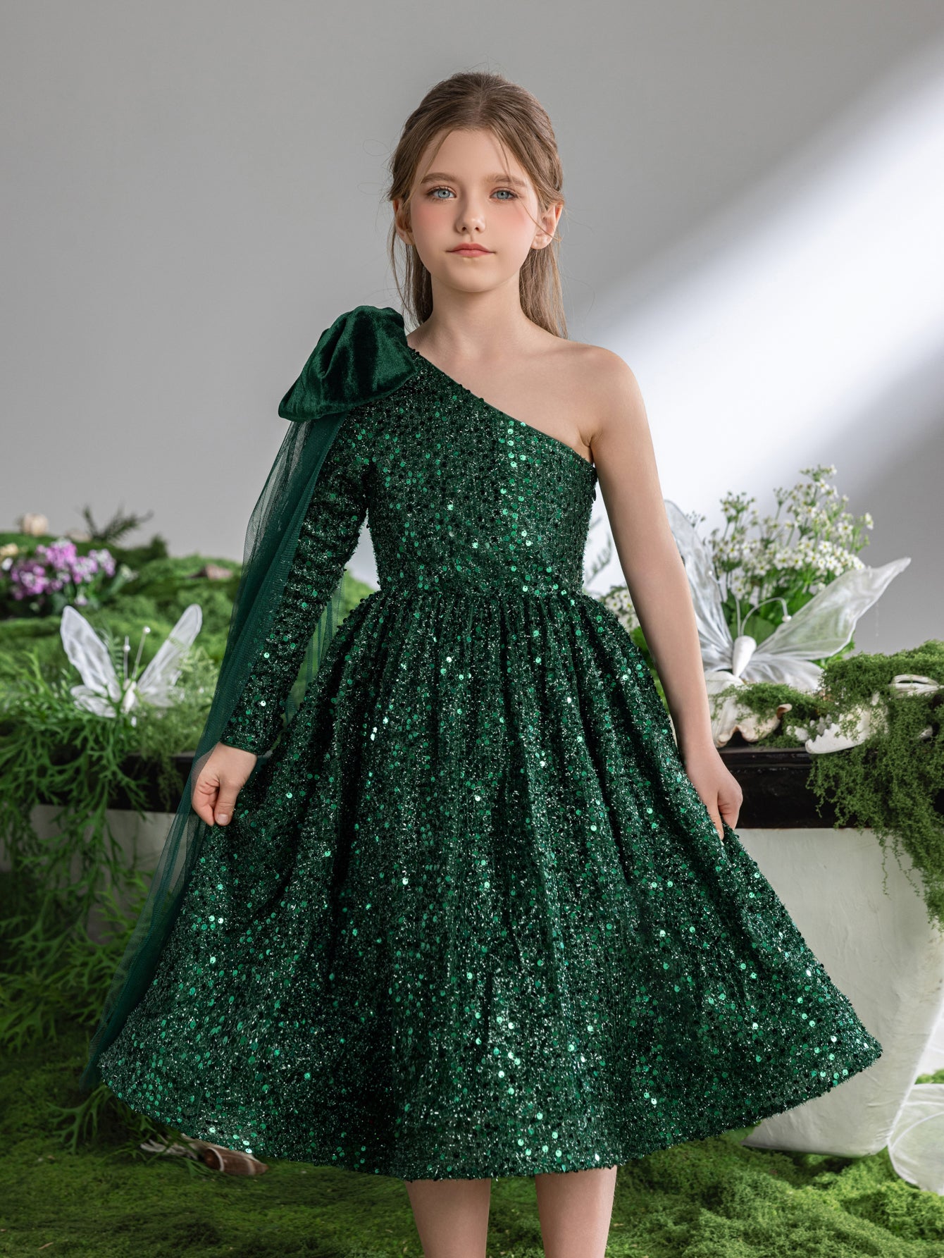 Additional product view of Bow Detail One-Shoulder Sequin A-Line Midi Tween Girls' Party Dress