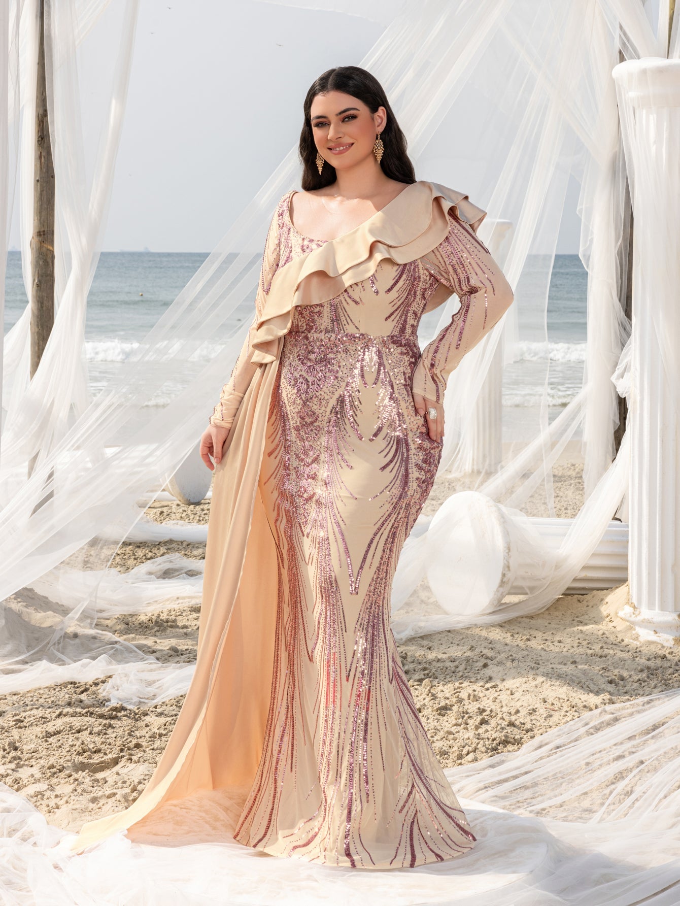 Plus Asymmetrical Ruffle Trim Mermaid Hem Graphic Sequin Formal Dress Evening Dress