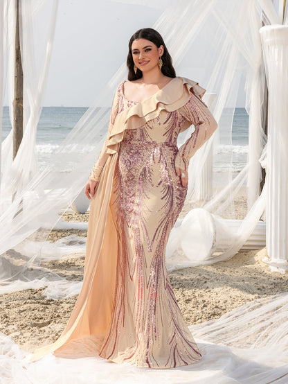 Plus Asymmetrical Ruffle Trim Mermaid Hem Graphic Sequin Formal Dress Evening Dress