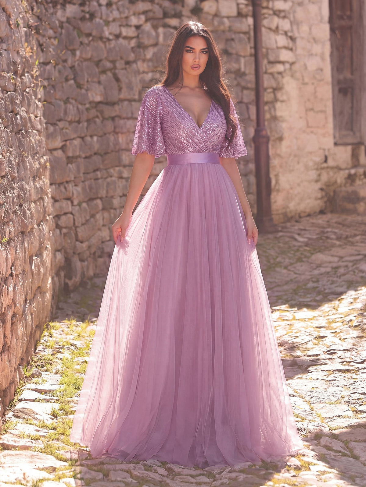 Additional product view of Surplice-Neck V-Neck Mesh Sequin A-Line Evening Gown