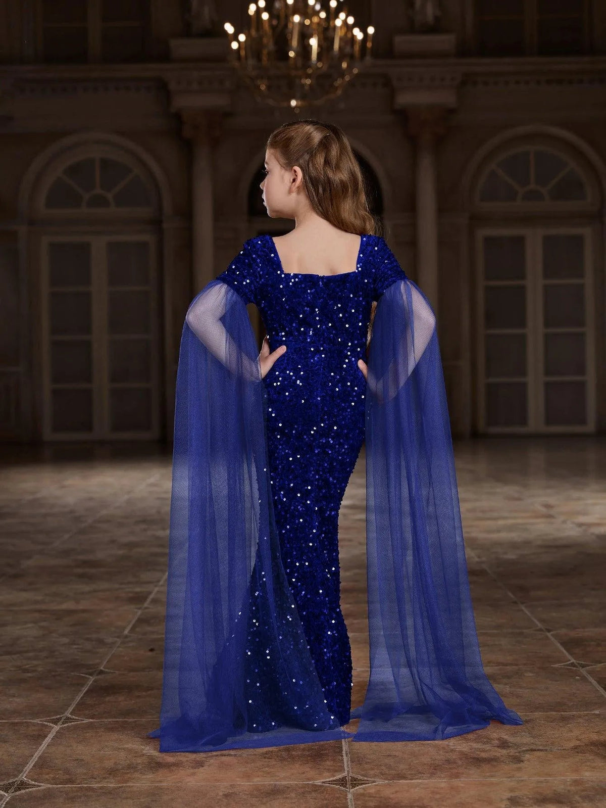 Additional product view of Cloak-Sleeve Square-Neck Sequin Mermaid Maxi Tween Girls' Party Dress