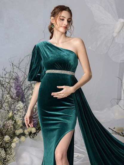 Maternity One-Shoulder Velvet Puff-Sleeve Mermaid Evening Gown — authorized product image 6